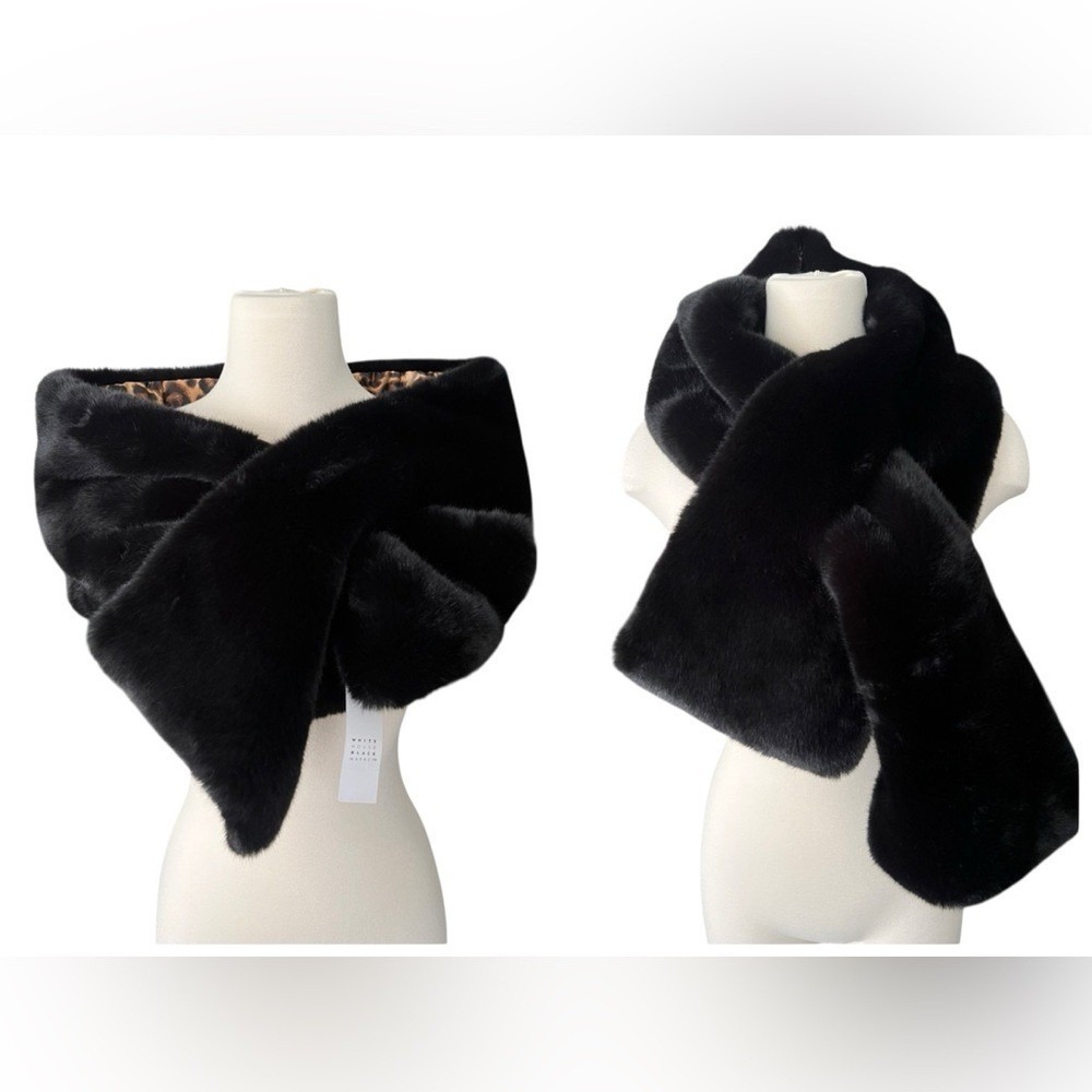 White House Black Market Puffer Black Faux Fur Stole NWT Glam Luxury Elegant